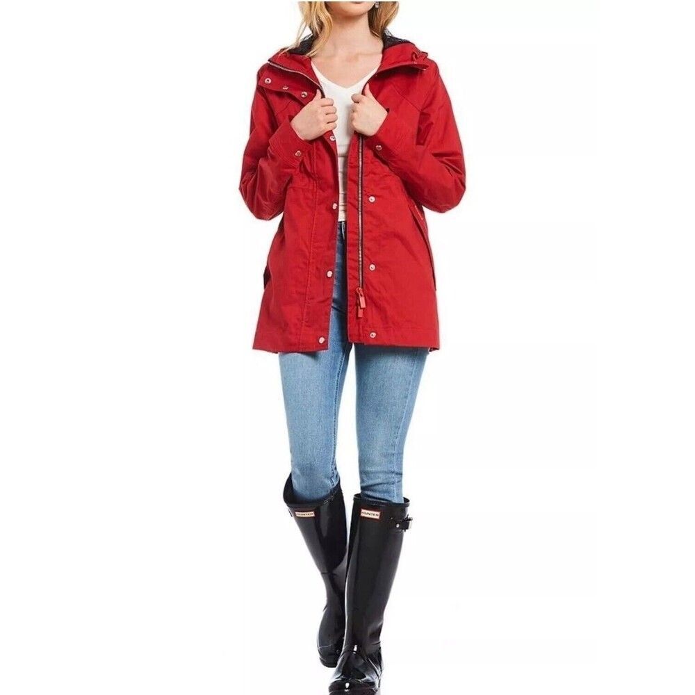 HUNTER Women's S Cotton Softshell Hooded Rain Jacket Water Resistant Pockets Red